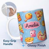 Personalized Custom Name Cute Kawaii Fast Food Pattern with Pizza Fries Chicken Soda Blue 11oz Ceramic Coffee Tea Mug White Large Handle