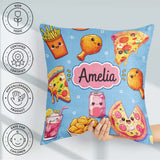 Custom Name Fast Food Pattern with Pizza Fries Chicken Soda Blue Square Filled Cushion Throw Pillow Sofa Bed Home Decor Zip Washable UK Made