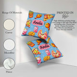 Custom Name Fast Food Pattern with Pizza Fries Chicken Soda Blue Square Filled Cushion Throw Pillow Sofa Bed Home Decor Zip Washable UK Made