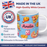 Personalized Custom Name Cute Kawaii Fast Food Pattern with Pizza Fries Chicken Soda Blue 11oz Ceramic Coffee Tea Mug White Large Handle