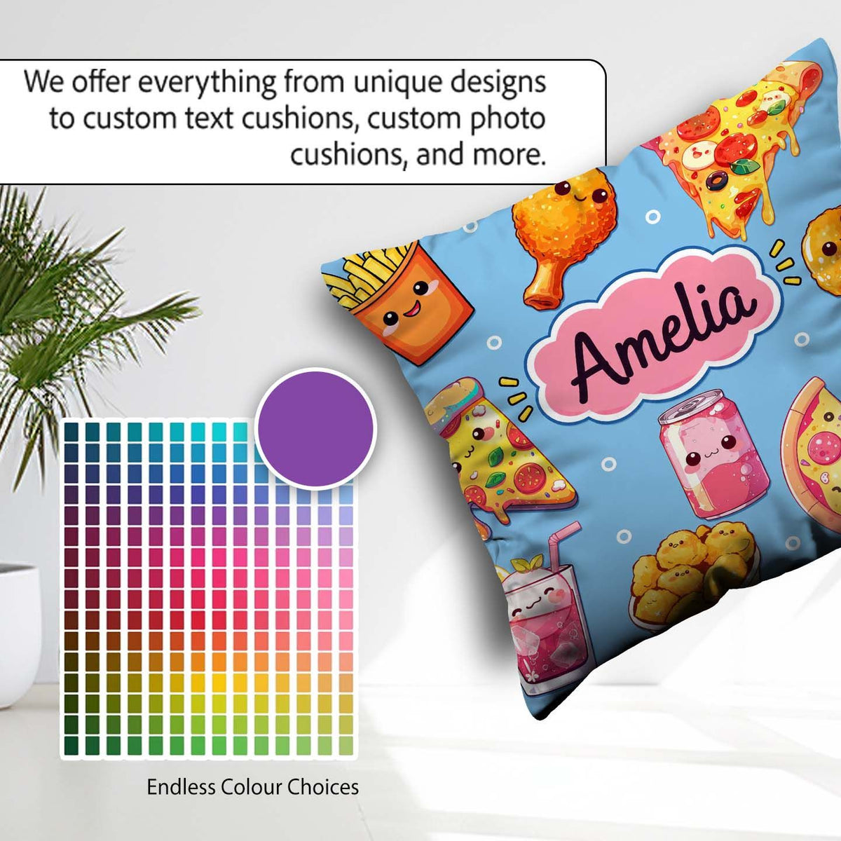 Custom Name Fast Food Pattern with Pizza Fries Chicken Soda Blue Square Filled Cushion Throw Pillow Sofa Bed Home Decor Zip Washable UK Made
