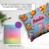 Custom Name Fast Food Pattern with Pizza Fries Chicken Soda Blue Square Filled Cushion Throw Pillow Sofa Bed Home Decor Zip Washable UK Made