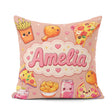 Custom Name Kawaii Fast Food Pattern with Pizza Fries Soda Beige Square Filled Cushion Throw Pillow Sofa Bed Home Decor Zip Washable UK Made