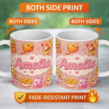 Personalized Custom Name Cute Kawaii Fast Food Pattern with Pizza Fries Chicken Soda Beige 11oz Ceramic Coffee Tea Mug White Large Handle