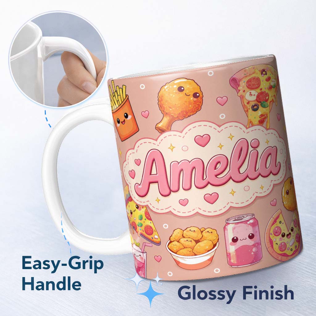 Personalized Custom Name Cute Kawaii Fast Food Pattern with Pizza Fries Chicken Soda Beige 11oz Ceramic Coffee Tea Mug White Large Handle
