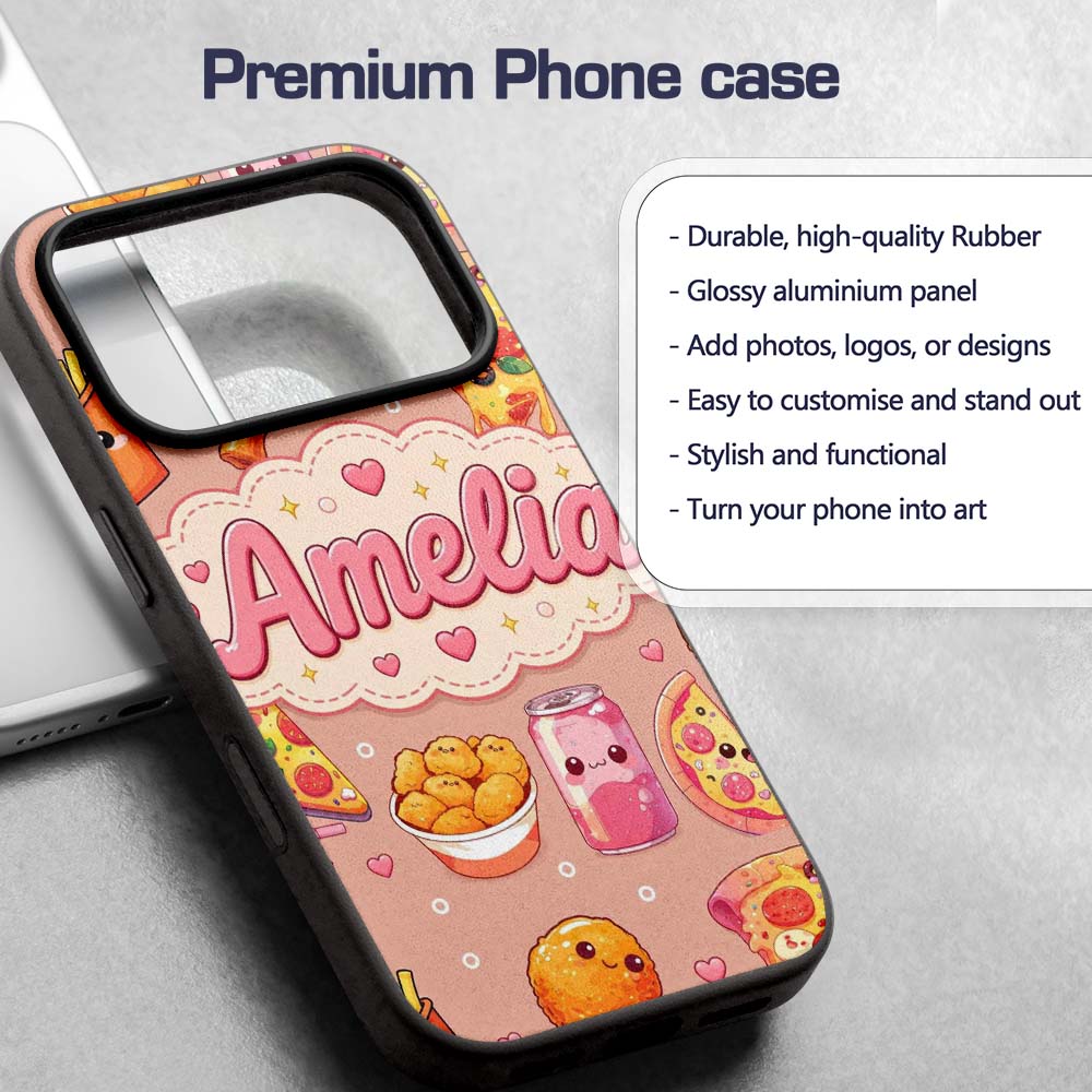 Cute Kawaii Fast Food Pattern with Pizza Fries Custom Name Protective Phone Case Mobile Cover Durable Everyday Smartphone Shock Resistant
