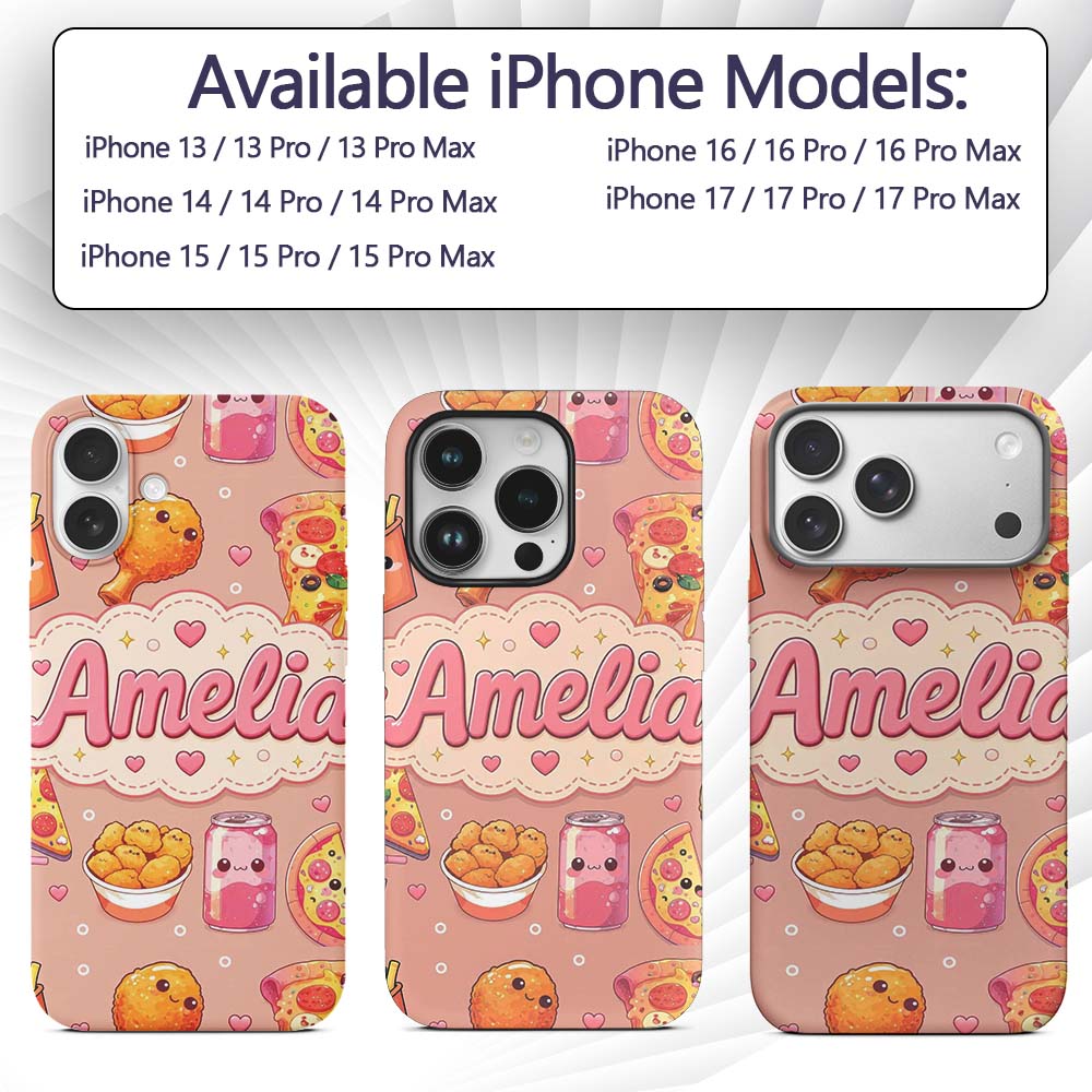 Cute Kawaii Fast Food Pattern with Pizza Fries Custom Name Protective Phone Case Mobile Cover Durable Everyday Smartphone Shock Resistant