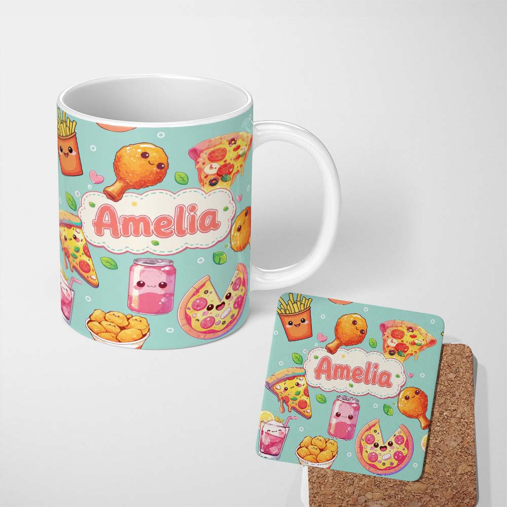 Personalized Custom Name Cute Kawaii Fast Food Pattern with Pizza Fries Chicken Soda Mint 11oz Ceramic Coffee Tea Mug White Large Handle