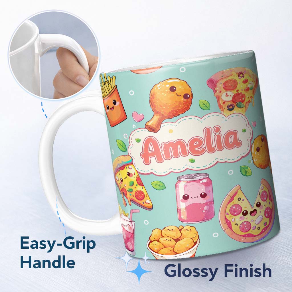 Personalized Custom Name Cute Kawaii Fast Food Pattern with Pizza Fries Chicken Soda Mint 11oz Ceramic Coffee Tea Mug White Large Handle