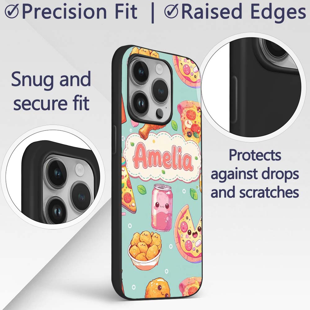 Cute Kawaii Fast Food Pattern with Pizza Fries Custom Name Protective Phone Case Mobile Cover Durable Everyday Smartphone Shock Resistant