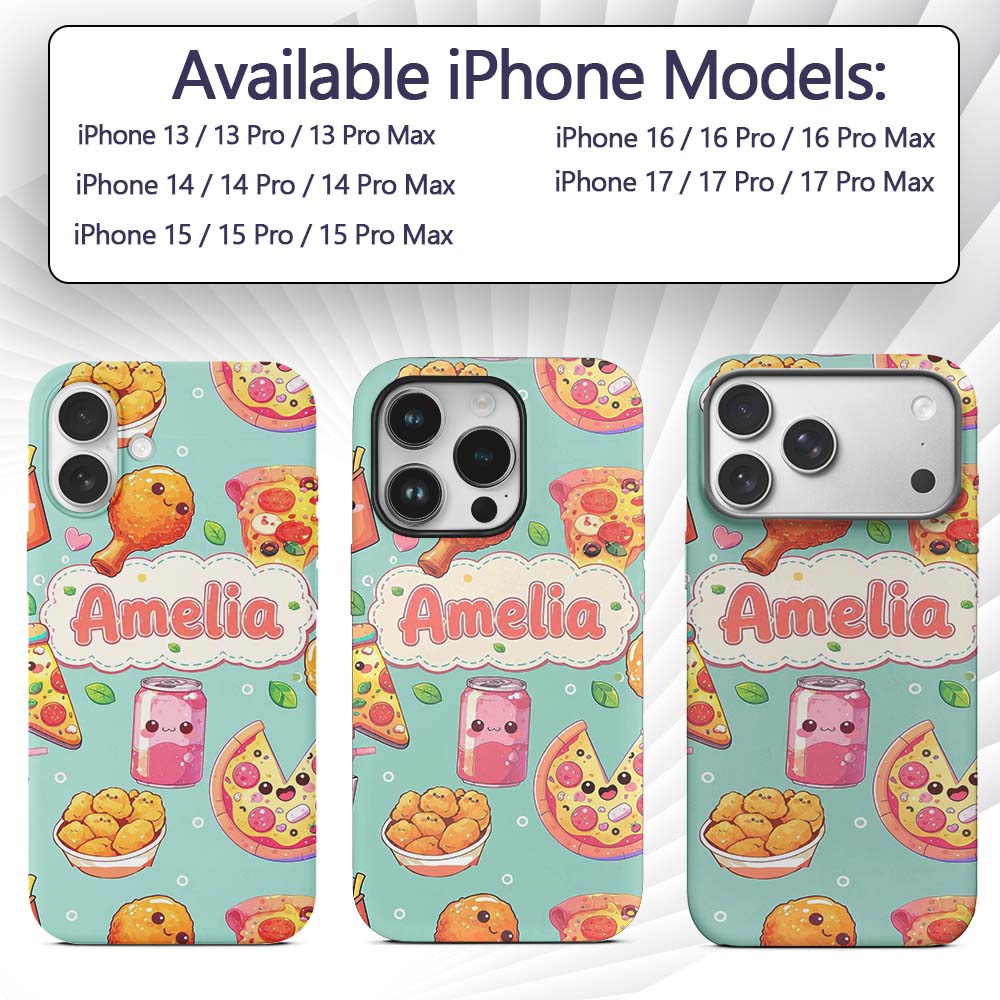 Cute Kawaii Fast Food Pattern with Pizza Fries Custom Name Protective Phone Case Mobile Cover Durable Everyday Smartphone Shock Resistant