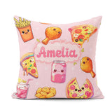 Custom Name Fast Food Pattern with Pizza Chicken Soda Light Pink Square Filled Cushion Throw Pillow Sofa Bed Home Decor Zip Washable UK Made
