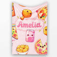 Cute Kawaii Fast Food Pattern with Pizza Chicken Soda Light Pink  Personalised Custom Name Super Soft Fleece Blanket Bed Sofa Throw