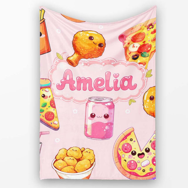 Cute Kawaii Fast Food Pattern with Pizza Chicken Soda Light Pink  Personalised Custom Name Super Soft Fleece Blanket Bed Sofa Throw