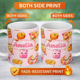 Personalized Custom Name Cute Kawaii Fast Food Pattern with Pizza Chicken Soda Light Pink 11oz Ceramic Coffee Tea Mug White Large Handle