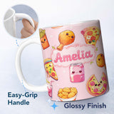 Personalized Custom Name Cute Kawaii Fast Food Pattern with Pizza Chicken Soda Light Pink 11oz Ceramic Coffee Tea Mug White Large Handle