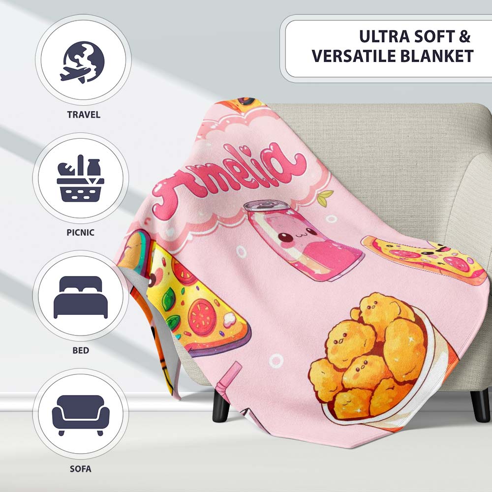 Cute Kawaii Fast Food Pattern with Pizza Chicken Soda Light Pink  Personalised Custom Name Super Soft Fleece Blanket Bed Sofa Throw