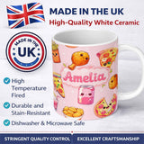 Personalized Custom Name Cute Kawaii Fast Food Pattern with Pizza Chicken Soda Light Pink 11oz Ceramic Coffee Tea Mug White Large Handle