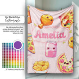 Cute Kawaii Fast Food Pattern with Pizza Chicken Soda Light Pink  Personalised Custom Name Super Soft Fleece Blanket Bed Sofa Throw
