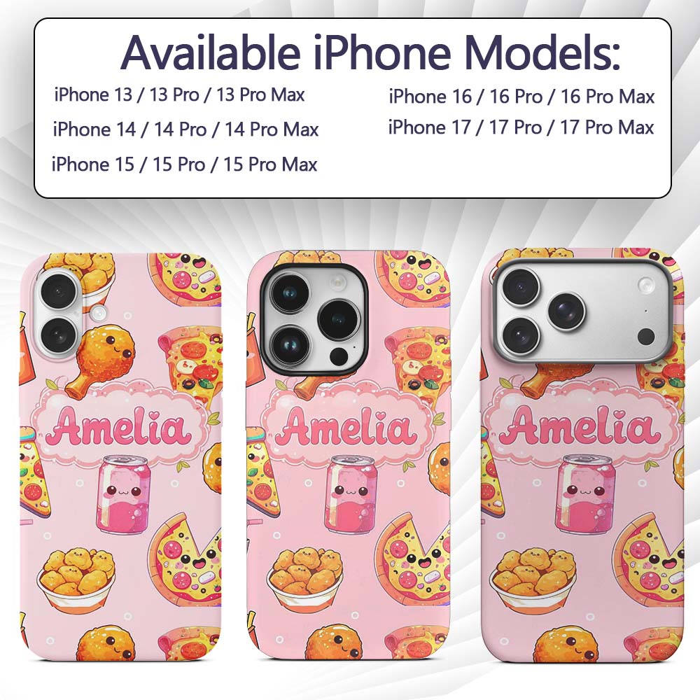 Cute Kawaii Fast Food Pattern with Pizza Chicken Custom Name Protective Phone Case Mobile Cover Durable Everyday Smartphone Shock Resistant