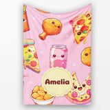 Cute Kawaii Fast Food Pattern with Pizza Chicken Soda Soft Pink  Personalised Custom Name Super Soft Fleece Blanket Bed Sofa Throw