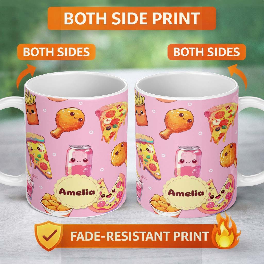 Personalized Custom Name Cute Kawaii Fast Food Pattern with Pizza Chicken Soda Soft Pink 11oz Ceramic Coffee Tea Mug White Large Handle