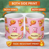 Personalized Custom Name Cute Kawaii Fast Food Pattern with Pizza Chicken Soda Soft Pink 11oz Ceramic Coffee Tea Mug White Large Handle