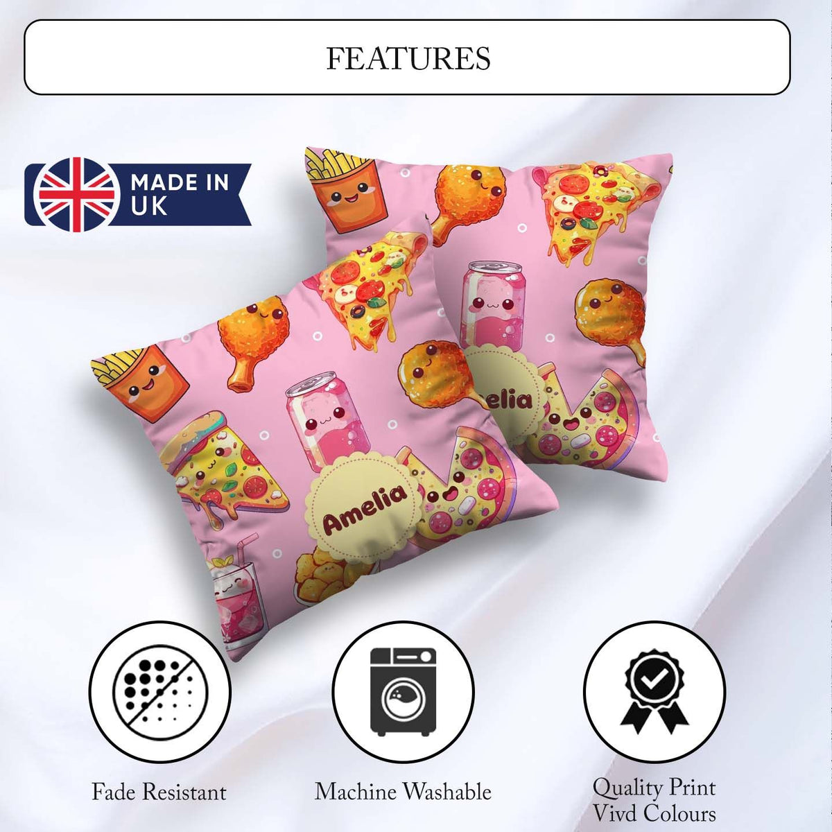 Custom Name Kawaii Fast Food Pattern with Chicken Soda Soft Pink Square Filled Cushion Throw Pillow Sofa Bed Home Decor Zip Washable UK Made