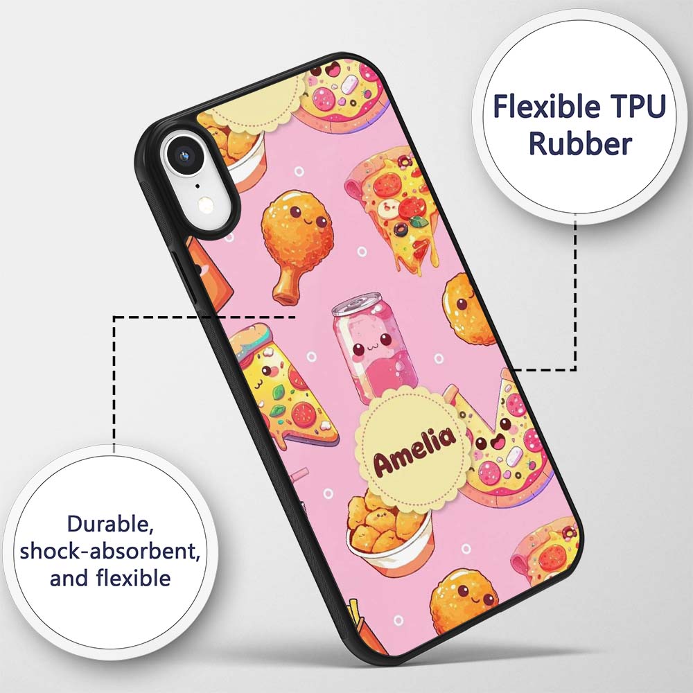 Cute Kawaii Fast Food Pattern with Pizza Chicken Custom Name Protective Phone Case Mobile Cover Durable Everyday Smartphone Shock Resistant
