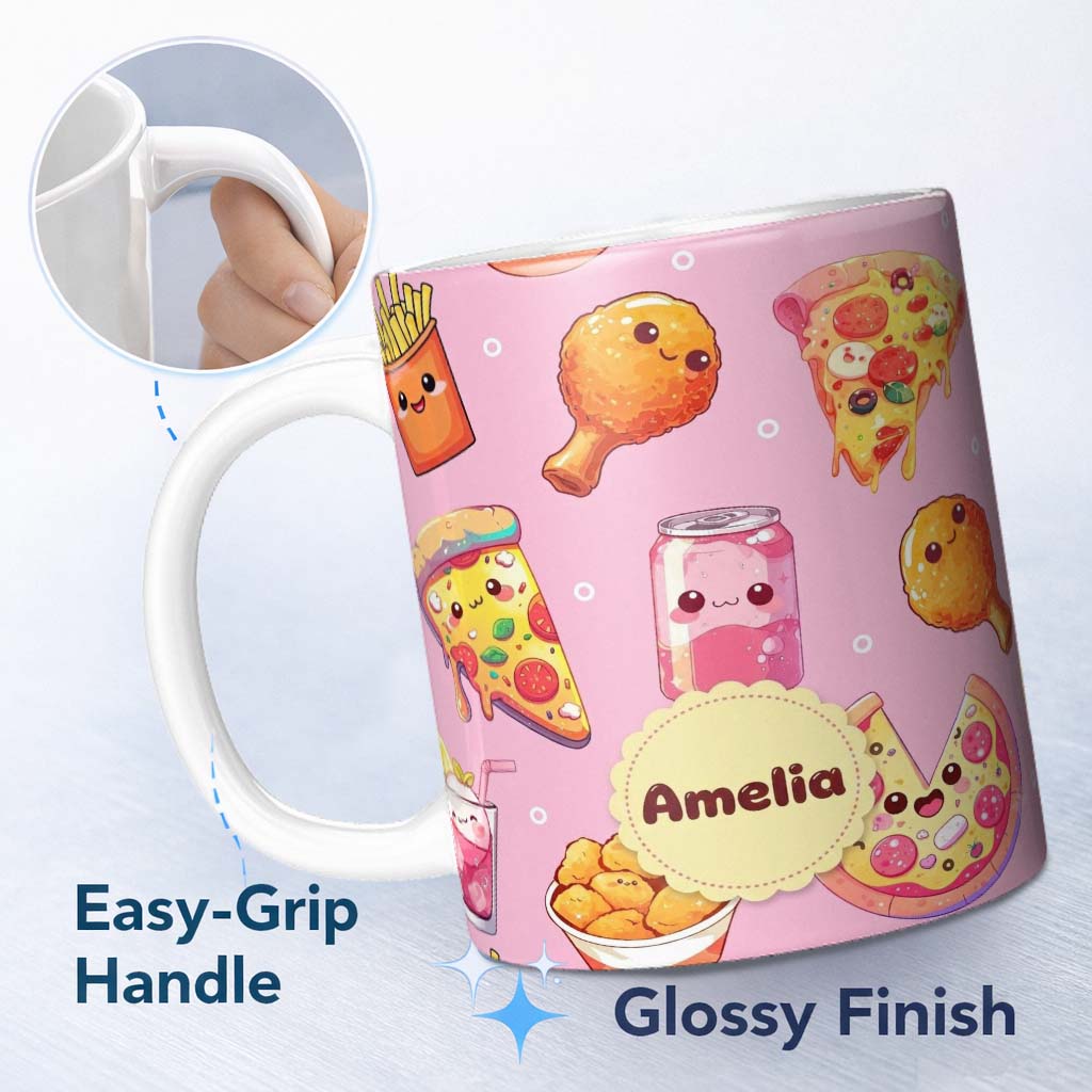 Personalized Custom Name Cute Kawaii Fast Food Pattern with Pizza Chicken Soda Soft Pink 11oz Ceramic Coffee Tea Mug White Large Handle