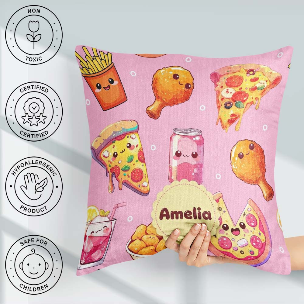 Custom Name Kawaii Fast Food Pattern with Chicken Soda Soft Pink Square Filled Cushion Throw Pillow Sofa Bed Home Decor Zip Washable UK Made