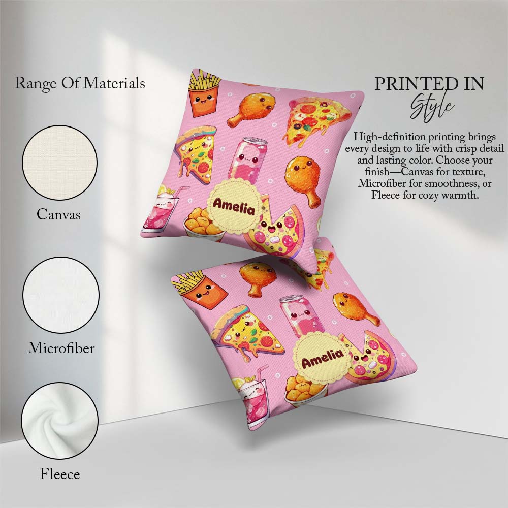 Custom Name Kawaii Fast Food Pattern with Chicken Soda Soft Pink Square Filled Cushion Throw Pillow Sofa Bed Home Decor Zip Washable UK Made