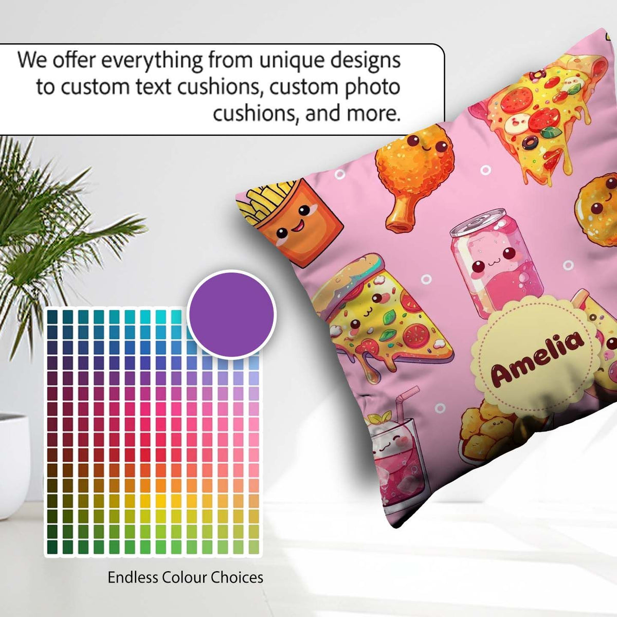 Custom Name Kawaii Fast Food Pattern with Chicken Soda Soft Pink Square Filled Cushion Throw Pillow Sofa Bed Home Decor Zip Washable UK Made