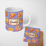 Personalized Custom Name Cute Kawaii Fast Food Pattern with Pizza Fries Chicken Soda Purple 11oz Ceramic Coffee Tea Mug White Large Handle