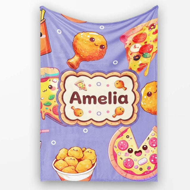Cute Kawaii Fast Food Pattern with Pizza Fries Chicken Soda Purple  Personalised Custom Name Super Soft Fleece Blanket Bed Sofa Throw