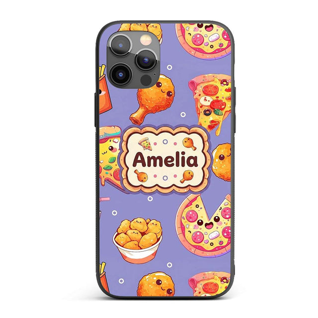 Cute Kawaii Fast Food Pattern with Pizza Fries Custom Name Protective Phone Case Mobile Cover Durable Everyday Smartphone Shock Resistant