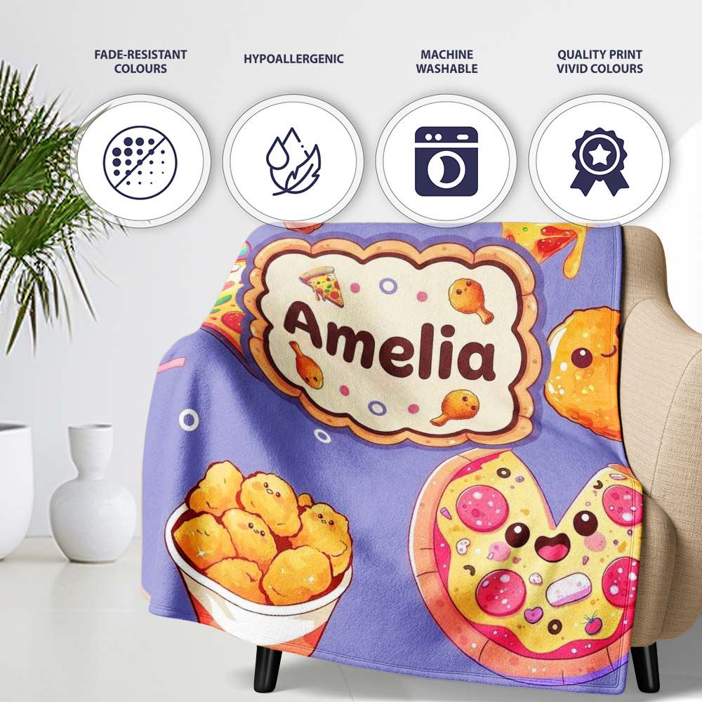 Cute Kawaii Fast Food Pattern with Pizza Fries Chicken Soda Purple  Personalised Custom Name Super Soft Fleece Blanket Bed Sofa Throw