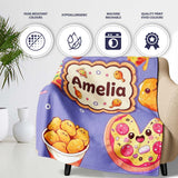 Cute Kawaii Fast Food Pattern with Pizza Fries Chicken Soda Purple  Personalised Custom Name Super Soft Fleece Blanket Bed Sofa Throw