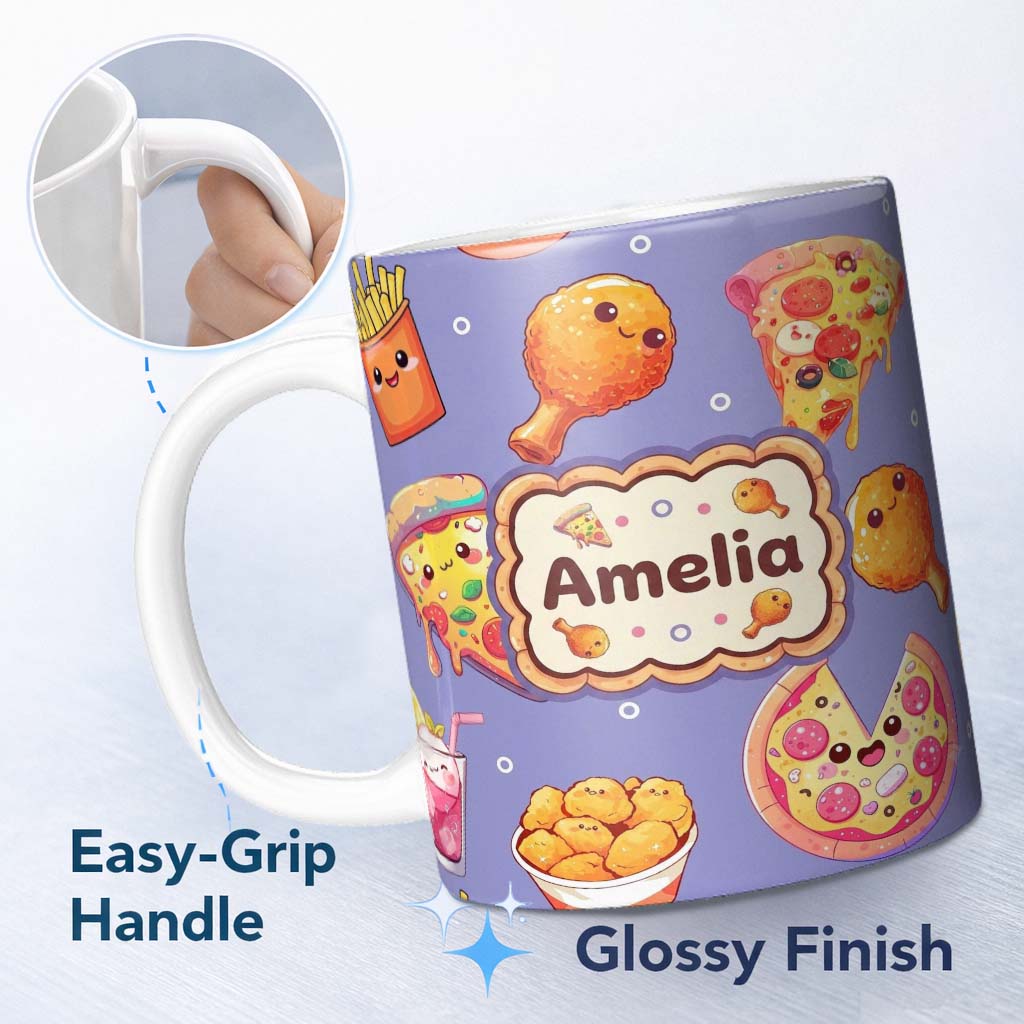 Personalized Custom Name Cute Kawaii Fast Food Pattern with Pizza Fries Chicken Soda Purple 11oz Ceramic Coffee Tea Mug White Large Handle