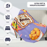 Cute Kawaii Fast Food Pattern with Pizza Fries Chicken Soda Purple  Personalised Custom Name Super Soft Fleece Blanket Bed Sofa Throw
