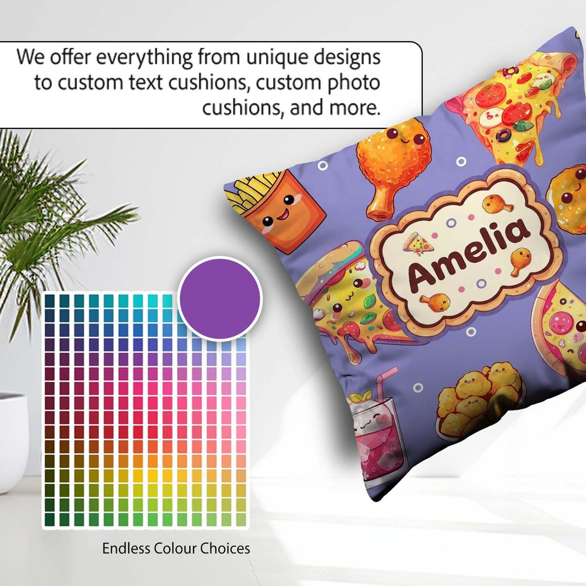 Custom Name Cute Fast Food Pattern with Pizza Fries Chicken Soda Square Filled Cushion Throw Pillow Sofa Bed Home Decor Zip Washable UK Made