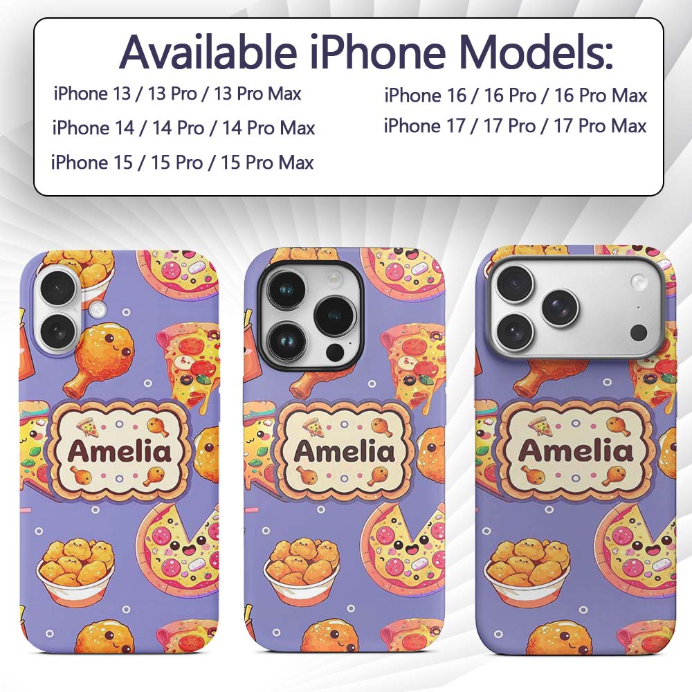 Cute Kawaii Fast Food Pattern with Pizza Fries Custom Name Protective Phone Case Mobile Cover Durable Everyday Smartphone Shock Resistant