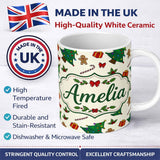 Personalized Custom Name Cute Christmas Trees with Gingerbread Candy Canes and Gifts Seamless 11oz Ceramic Coffee Tea Mug White Large Handle