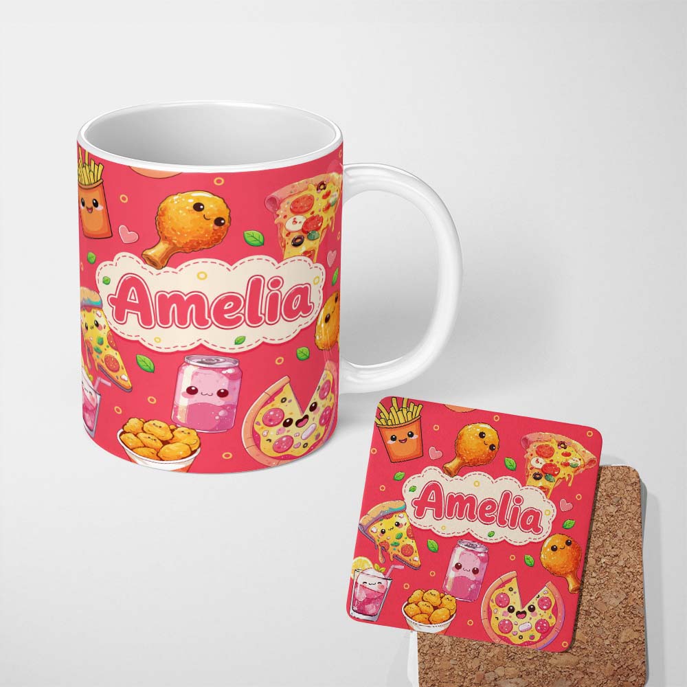 Personalized Custom Name Cute Kawaii Fast Food Pattern with Pizza Fries Chicken Soda Red 11oz Ceramic Coffee Tea Mug White Large Handle