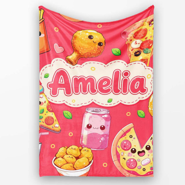 Cute Kawaii Fast Food Pattern with Pizza Fries Chicken Soda Red  Personalised Custom Name Super Soft Fleece Blanket Bed Sofa Throw