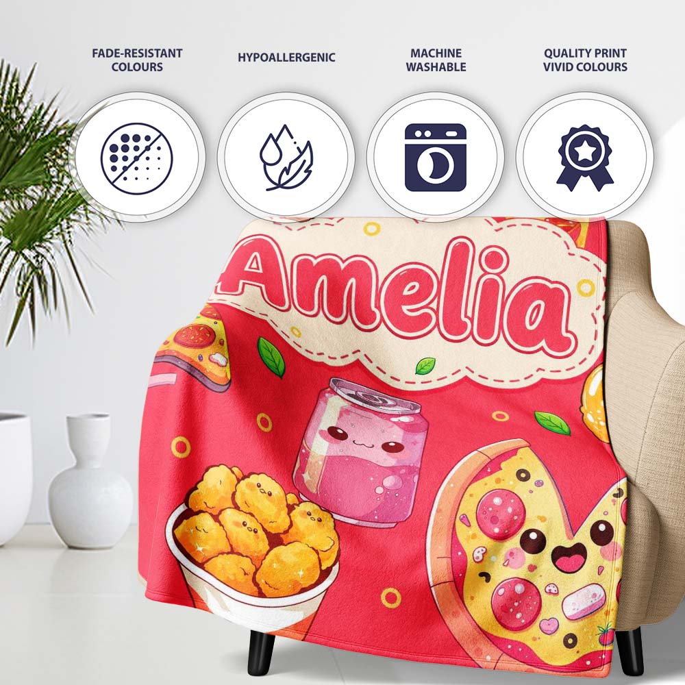 Cute Kawaii Fast Food Pattern with Pizza Fries Chicken Soda Red  Personalised Custom Name Super Soft Fleece Blanket Bed Sofa Throw