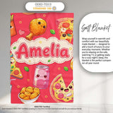 Cute Kawaii Fast Food Pattern with Pizza Fries Chicken Soda Red  Personalised Custom Name Super Soft Fleece Blanket Bed Sofa Throw