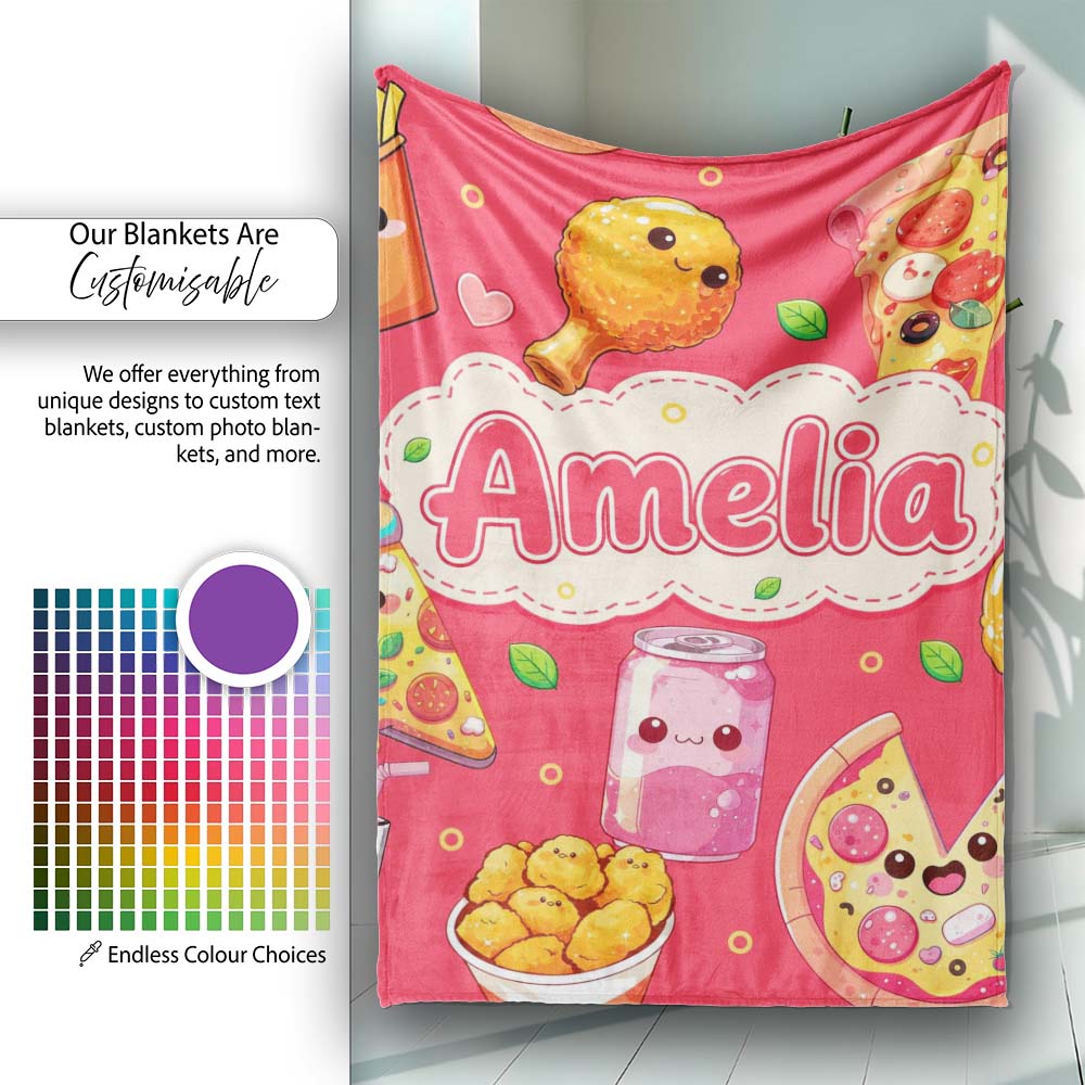 Cute Kawaii Fast Food Pattern with Pizza Fries Chicken Soda Red  Personalised Custom Name Super Soft Fleece Blanket Bed Sofa Throw