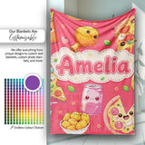 Cute Kawaii Fast Food Pattern with Pizza Fries Chicken Soda Red  Personalised Custom Name Super Soft Fleece Blanket Bed Sofa Throw