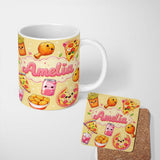 Personalized Custom Name Cute Kawaii Fast Food Pattern with Pizza Fries Chicken Soda Yellow 11oz Ceramic Coffee Tea Mug White Large Handle